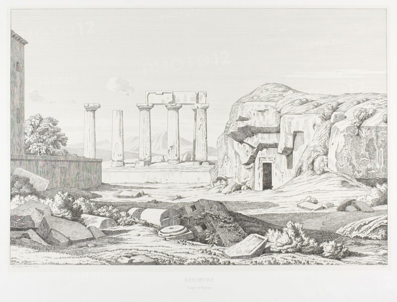 Corinth: Temple of Neptune, 1845, Théodore Caruelle d’Aligny, French, 1798-1871, France, Etching on ivory China paper, laid down on white wove paper, 326 × 480 mm (image), 493 × 594 mm (plate), 340 × 487 mm (primary support), 496 × 634 mm (secondary support)