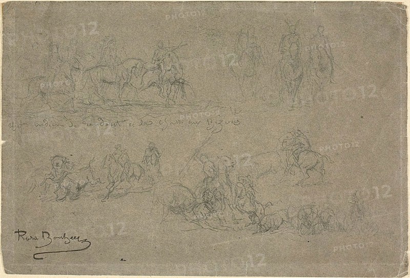 Chief Returning from a Bison Hunt and other Studies, c. 1890, Rosa Bonheur, French, 1822-1899, France, Graphite on greenish-gray wove paper, 165 × 246 mm