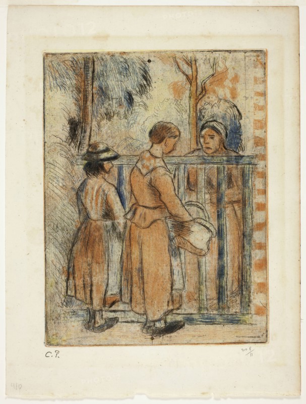 Beggar Women, c. 1894, printed 1930, Camille Pissarro (French, 1830-1903), printed by Alfred Porcabeuf (French, 1895-c. 1946), printed by Jean Cailac (French, active 20th century), France, Color etching, drypoint, and aquatint on ivory laid paper, 200 × 153 mm (image), 225 × 175 mm (plate), 265 × 200 mm (sheet)