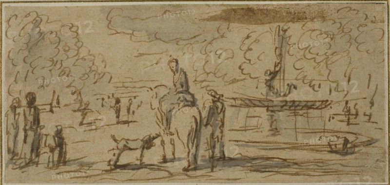 Figures Walking and on Horseback in a Park, n.d., French School, 18th century, France, Pen and brown ink and gray wash on tan laid paper, 80 × 172 mm