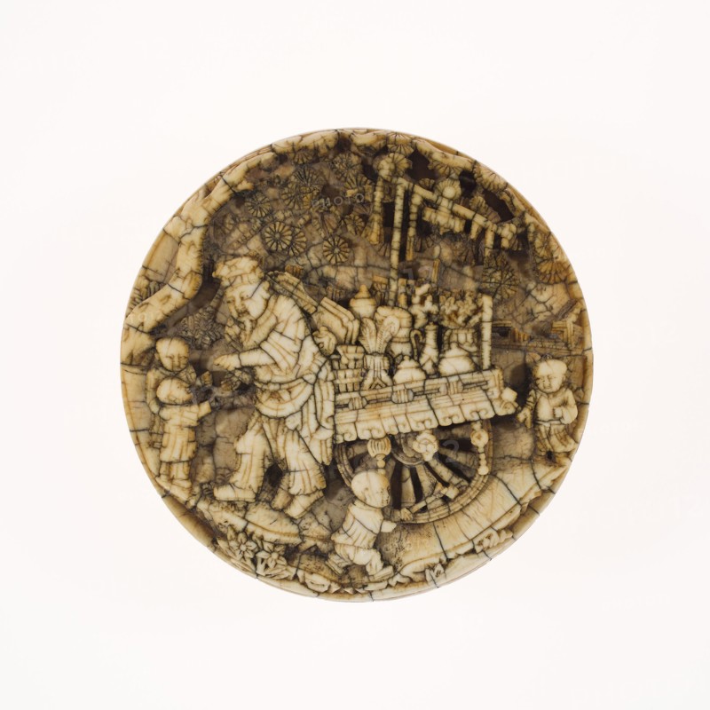 The Knickknack Peddler, Ming dynasty (1368–1644), 16th century, China, Ivory, Diam. 7.3 cm (2 7/8 in.), thickness 2.7 cm (1 1/16 in.)