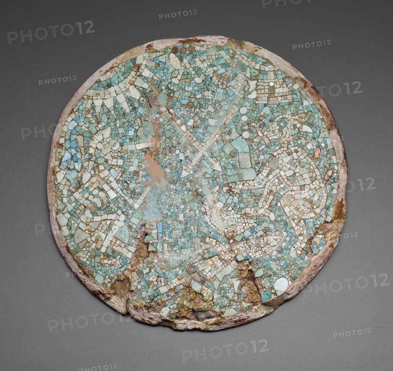 Mosaic Disk with a Mythological and Historical Scene, 1400/1500, Mixtec, Northern Oaxaca, Mexico, Oaxaca state, Turquoise, earthenware, stucco, spondylus shell, mother of pearl, and iron pyrite, with pigment, Diam. 30.5 cm (12 in.)