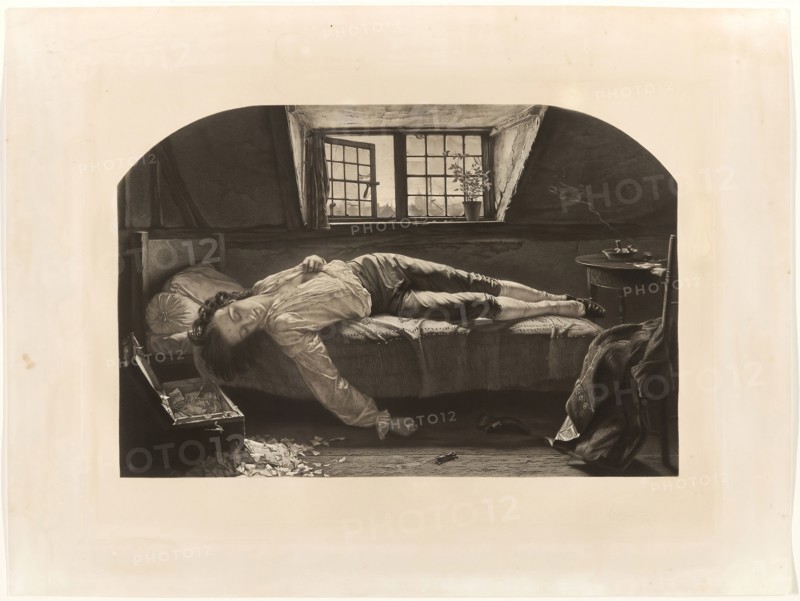 The Death of Chatterton, 1860, Thomas O. Barlow (English, 1824-1889), after Henry Wallis (English, 1830-1916), England, Mixed method engraving on ivory chine laid down on off-white plate paper, 600 × 827 mm (chine), 805 × 1066 mm (sheet, sight)