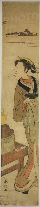 The Waitress Osen of the Kagiya teahouse Carrying a Cup of Tea, c. 1769/70, Suzuki Harunobu ?? ??, Japanese, 1725 (?)-1770, Japan, Color woodblock print, hashira-e