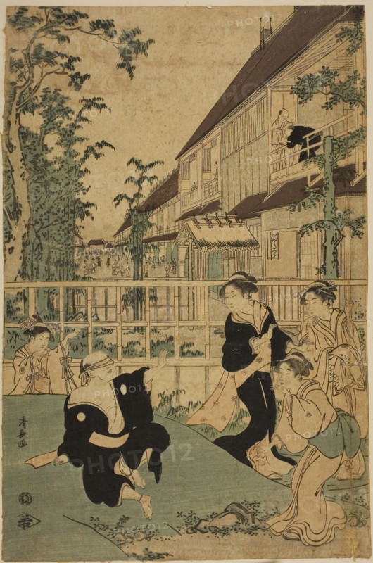 Outdoor Amusements at the Kankanro Teahouse in Yoshiwara, c. 1794, Torii Kiyonaga, Japanese, 1752-1815, Japan, Color woodblock print, left sheet of oban triptych, 36.9 x 24.3 cm