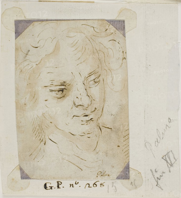 Head of a Man, 1600/11, Jacopo Negretti, called Palma il Giovane, Italian, c. 1548-1628, Italy, Pen and brown ink, with brush and brown wash, over black chalk underdrawing on ivory laid paper, laid down on gray laid paper, tipped onto cream laid paper, 121 x 87 mm (sheet)