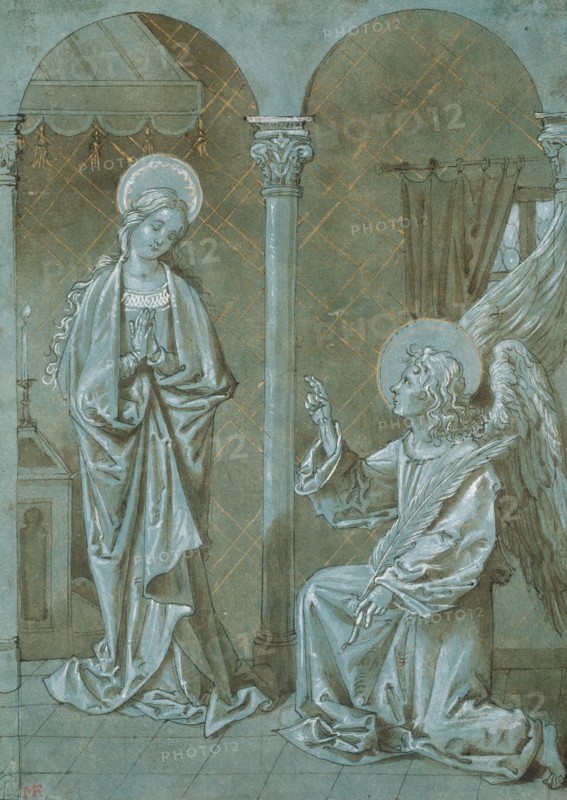 Annunciation, n.d., Unknown artist, Possibly German, 16th century, Germany, Pen and brown ink, heightened with brush and brown wash, white gouache, and gold paint on blue-toned tan laid paper, 202 x 144 mm