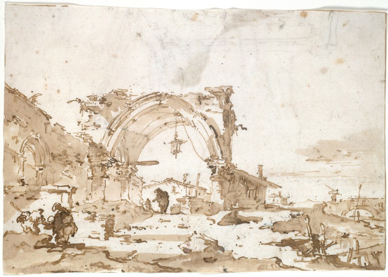 A Capriccio with a Ruined Gothic Arch, 1770/89, Francesco Guardi, Italian, 1712-1793, Italy, Pen and brown ink, and brush and brown wash, over traces of black chalk on ivory laid paper, 175 x 248 mm