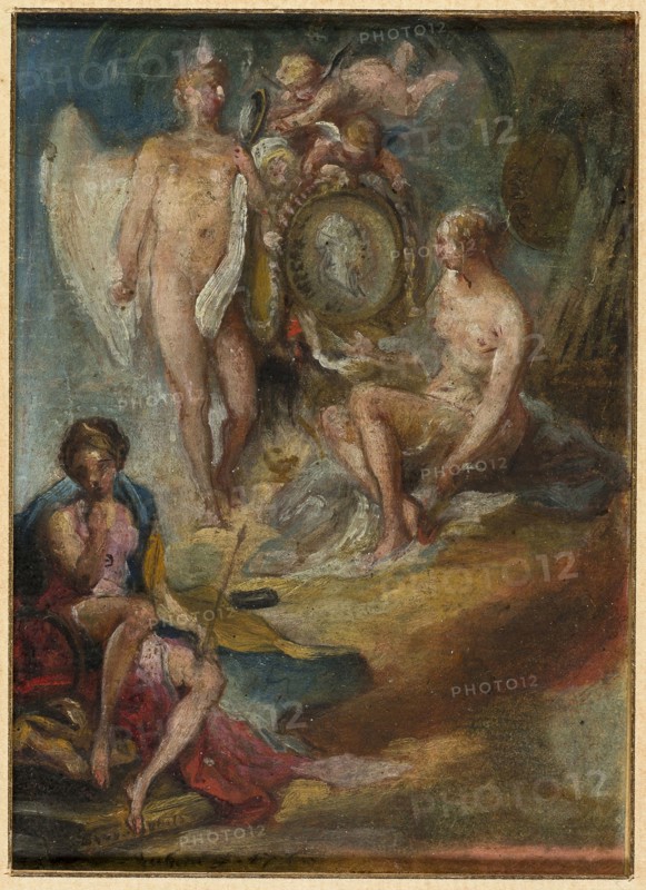 Allegory, 1770, Gabriel Jacques de Saint-Aubin, French, 1724-1780, France, Oil, with touches of black chalk, on tan laid paper, tipped on beige wove paper, 133 × 96 mm (ma×.), 158 × 125 mm (mount)