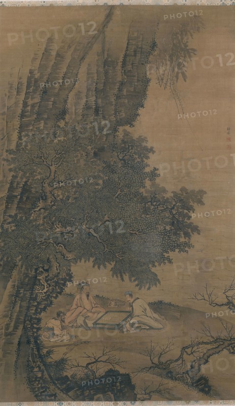 Landscape with Daoist Immortals Playing Weiqi, Ming dynasty (1368–1644), 15th century, Dai Jin, Chinese, c.1388-1462, China, Hanging scroll, ink and colors on silk, 175.2 × 106.7 cm