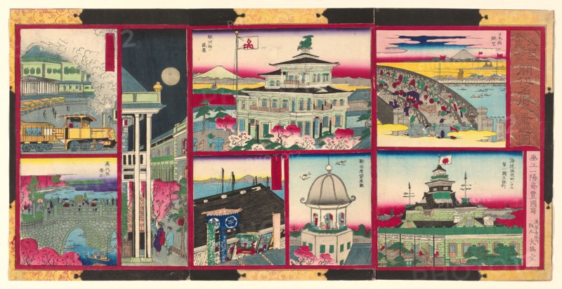 Eight Modern Views of Famous Places in Tokyo of Great Japan (Dai Nippon Tokyo kaika meisho hakkei no zu), 1875, Utagawa Kunisada II (Kunimasa III, Toyokuni IV), Japanese, 1823-1880, Japan, Color woodblock print, oban triptych, 36.2 x 73.5 cm, Panel, 1825/35, England, Cotton, plain weave, printed, 35.6 × 63.5 cm (14 × 25 in.)
