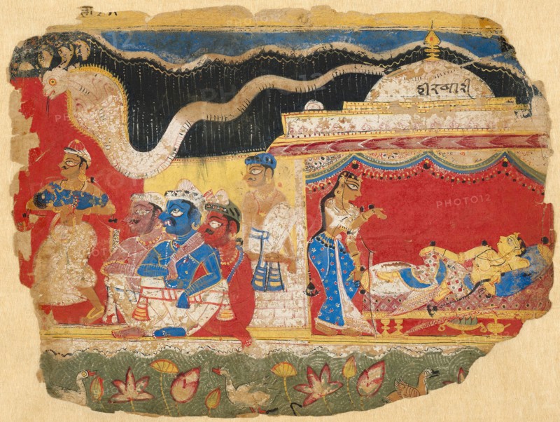 The Infant Krishna Spirited Away by Vasudev, page from the Dispersed Bhagavatapurana manuscript, c. 1520–30, India, Delhi-Agra region, possibly Mathura, India, Opaque watercolor on paper, 17.4 x 23.3 cm (6 13/16 x 9 3/16 in.)