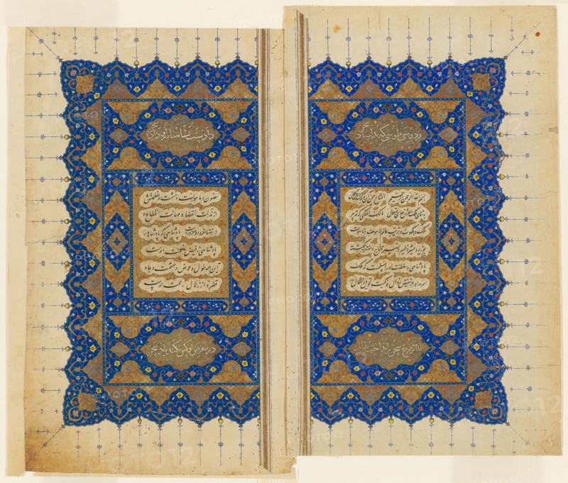 Double Title Page of a copy of the Shahnama of Firdausi, Safavid dynasty (1501–1722), 16th century, c.1550, Iran, Shiraz, Iran, Opaque watercolor and gold on paper, 28.6 x 34.7 cm (11 1/4 x 13 3/4 in.), Right Page: 29.1 x 17.8 cm (11 7/16 x  7 in.), Left Page: 28.9 x 18.4 cm (11 3/8 x 7 1/4 in.)