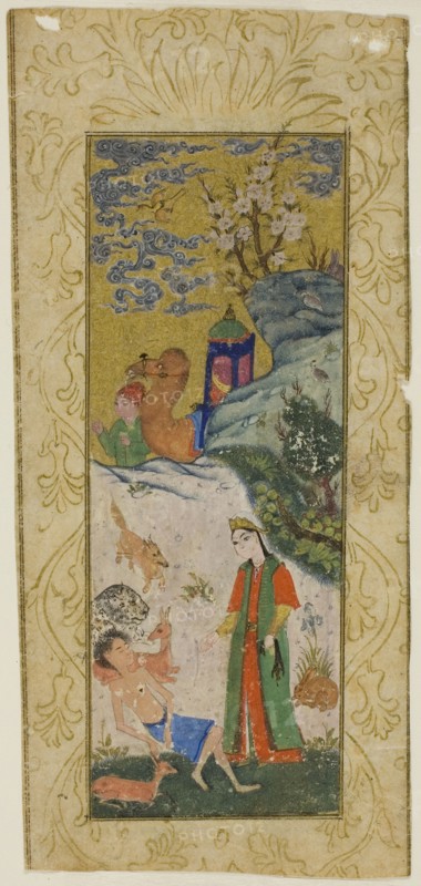 Layla Visiting Majnun in the Desert, page from a copy of the Khamsa of Nizami, Safavid dynasty (1501–1722), 16th century, Iran, Iran, Ink and color on paper, 13.8 x 6.5 cm (5 1/2 x 2 9/16 in.)