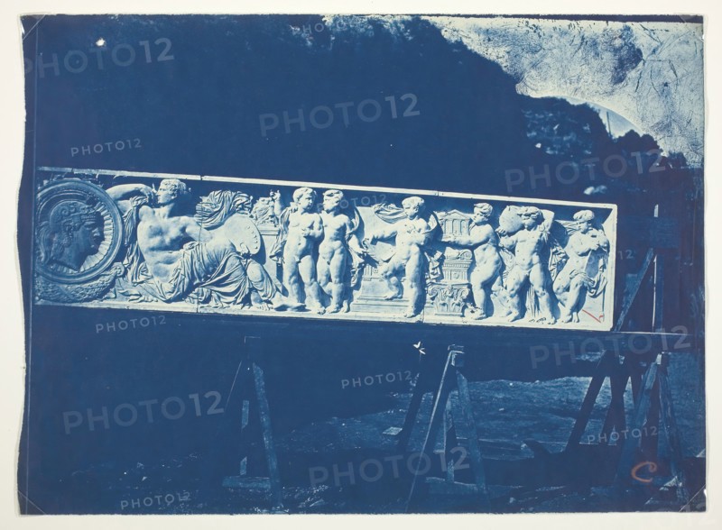 Sculptural Frieze by Cavelier, Minerva Surrounded by the Muses of the Arts, c. 1868, Adolphe Terris, French, 1820–1900, France, Cyanotype, 27.5 × 37.5 cm (image), 27.5 × 38.1 (paper)