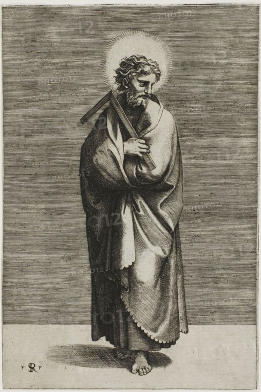 Saint Thomas, 1515/27, Marco Dente da Ravenna (Italian, about 1486–1527), after Raffaello Sanzio, called Raphael (Italian, 1483-1520), Italy, Engraving, on ivory laid paper, 212 x 142 mm (primary support), 441 x 282 mm (secondary support)