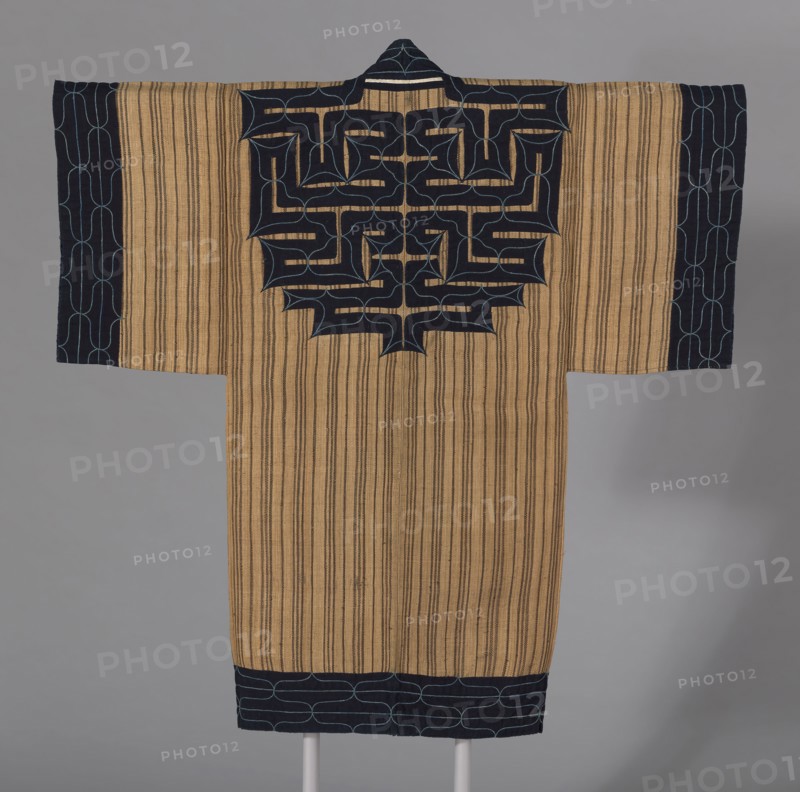 Attus Amip (Man’s Coat), late Edo period (1789–1868), c. 1860, Ainu, Japan, Hokkaido Island, Japan, Elm tree bark fiber, plain weave, center back and outer edges appliquéd with cotton, plain weave, underlaid with cotton, plain weave, embroidered with cotton in laid work and couching, 140.3 x 132.8 cm (55 1/4 x 52 1/4 in.)