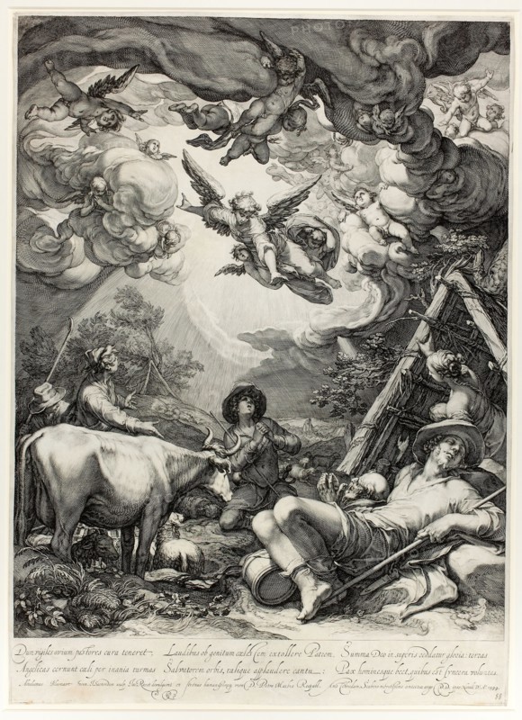 The Annunciation to the Shepherds, 1599, Jan Saenredam (Netherlandish, 1565-1607), after Abraham Bloemaert (Dutch, 1566-1651), Holland, Engraving on ivory laid paper, 559 x 403 mm