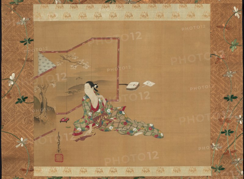A Beauty Behind a Screen, About 1750, Miyagawa Chôshun, Japanese, 1683-1753, Japan, Hanging scroll, ink and colors on silk, 30.4 x 37.1 cm (12 x 14 5/8 in.), including mount and knobs: 127.6 x 56.2 cm (50 1/4 x 22 1/8 in.)