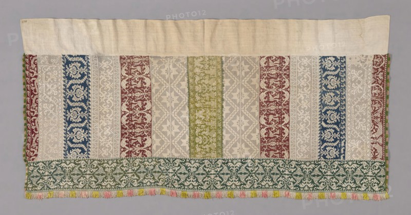 Altar Frontal, Late 16th century, Italy, Bands of linen, plain weave, linen, plain weave, pulled thread work, embroidered with silk in back, four-sided, overcast, running, single faggot, and two-sided Italian cross stitches, and linen, plain weave, pulled thread work, embroidered with linen in Russian overcast and cloth stitches, edged with linen and silk, plain weave extended weft uncut fringe and silk, buttonhole loops and bullion picots, 99.1 x 208.9 cm (39 x 82 1/4 in.)