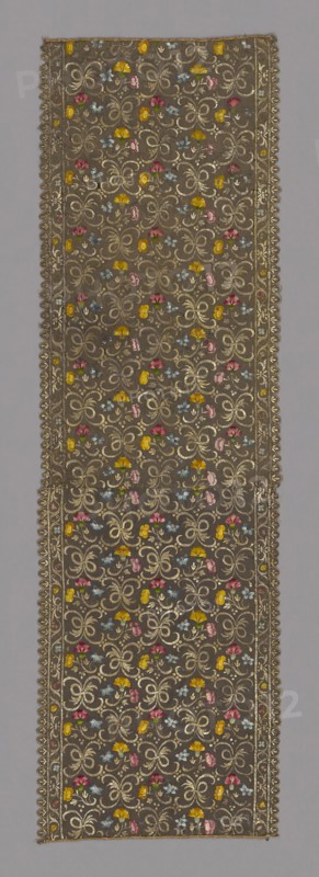 Panel, 1550/1600, Probably Italy, Italy, Silk, plain weave, double-faced needlework embroidered with silk and gilt-metal-strip-wrapped silk in satin stitches, couching, edged with gilt-metal-strip-wrapped silk, bobbin straight lace and with silk and gilt-metal-strip-wrapped silk, plaited braid, two panels joined, 49.4 x 164.2 cm (19 1/2 x 64 5/8 in.)
