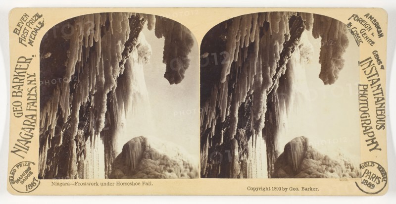 Niagara, Frostwork Under Horseshoe Fall, 1887/90, George Barker, American, born Canada, 1844–1894, United States, Albumen print, stereo, 7.8 x 7.5 cm (each image), 8.9 x 17.8 cm (card)
