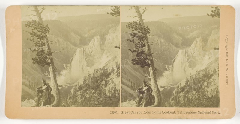 Great Canyon from Point Lookout, Yellowstone National Park, 1896, B. W. Kilburn, American, 1827–1909, United States, Albumen silver print, stereo, 7.9 x 7.6 cm (each image), 8.7 x 17.8 cm (card)