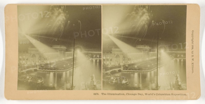 The Illumination, Chicago Day, World’s Columbian Exposition, 1893, B. W. Kilburn, American, 1827–1909, United States, Albumen silver print, stereo, 7.8 x 7.6 cm (each image), 8.8 x 17.8 cm (card)