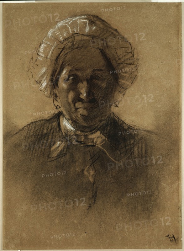Old Woman, 1882, Henri de Toulouse-Lautrec, French, 1864-1901, France, Charcoal, with black chalk, stumping, and erasing, heightened with white chalk, on brown laid paper with blue fibers, 508 × 366 mm