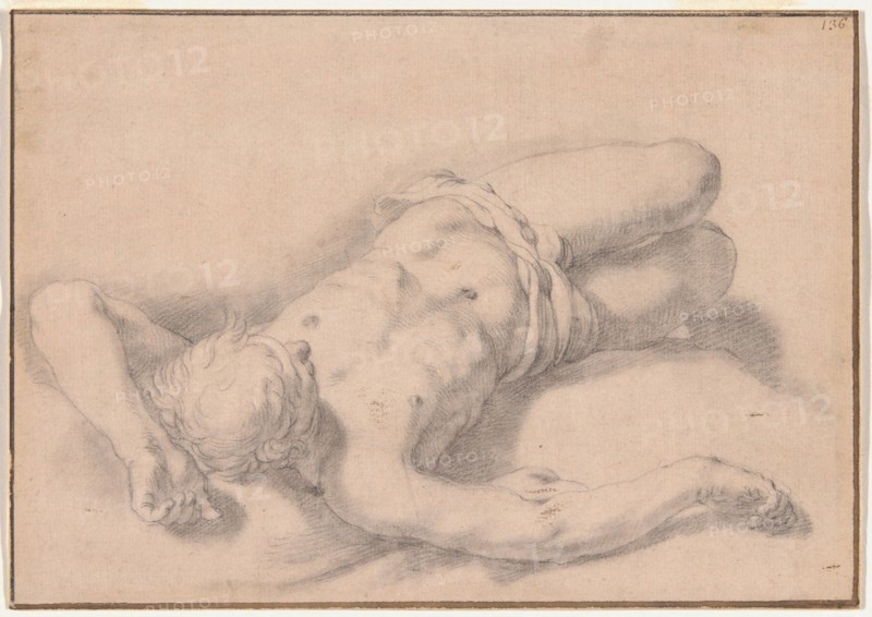 Study of a Nude Man, 1645–51, Abraham Bloemaert, Dutch, 1566-1651, Holland, Black chalk on buff laid paper, 136 x 194 mm