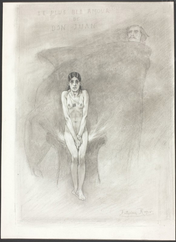 The Greatest Love of Don Juan, 1879, Félicien Rops, Belgian, 1833-1898, Belgium, Graphite with stumping, scratching and erasing on off-white wove paper, prepared with a white gouache ground (scratchboard), 253 × 180 mm