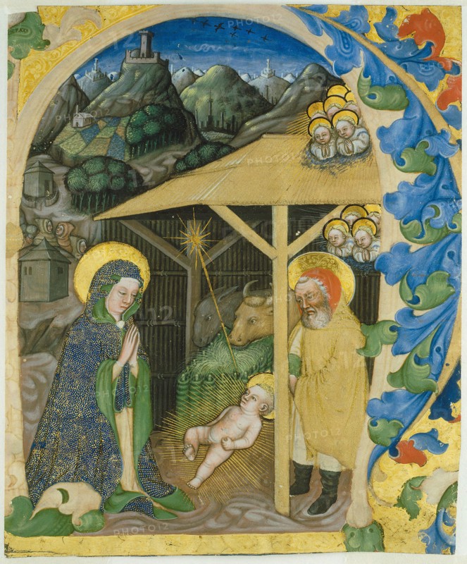 Nativity in an Initial H, 1430/40, Zanino di Pietro (Giovanni di Francia), Italian, active 1389-1448, Veneto, Brush and gouache, heightened with gum arabic, gold leaf, and gold paint, over brush and black ink, on vellum, 277 x 229 mm