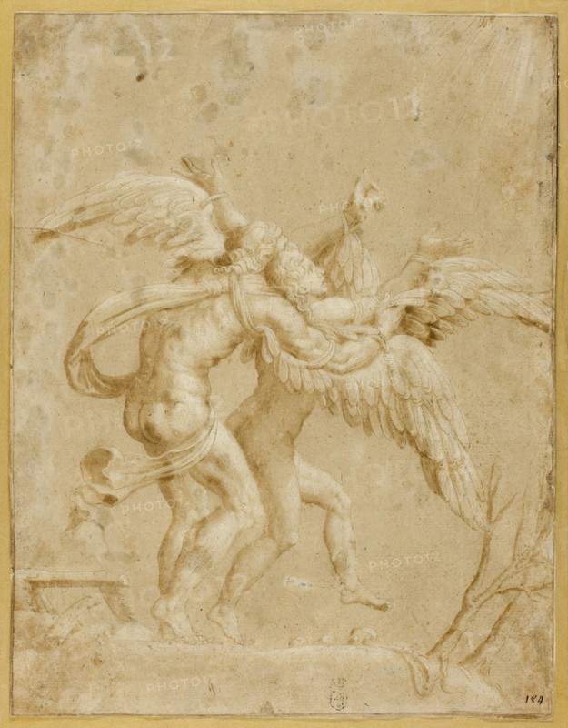 Daedalus and Icarus, early 1530s, Giulio Pippi, called Giulio Romano, Italian, c. 1499-1546, Italy, Pen and brown ink with brush and brown wash, heightened with lead white, over incising, on cream laid paper, laid down on ivory laid paper, 343 x 264 mm