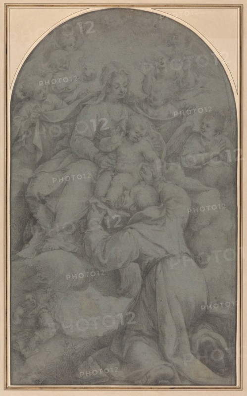 Saint Francis of Assisi Adoring the Virgin and Child, 1607, Denys Calvaert, Flemish, c. 1540-1619, Flanders, Black chalk on blue laid paper, 521 × 312 mm
