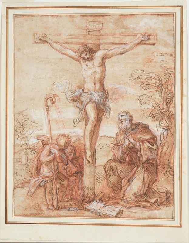 Saint Augustine and Two Angels Adoring the Crucifix, 1685/1695, Giuseppe Passeri, Italian, 1654-1714, Italy, Pen and brown ink, heightened with lead white, over red chalk on cream laid paper, laid down on cream laid paper, 327 x 256 mm (primary support), 385 x 299 mm (secondary support)