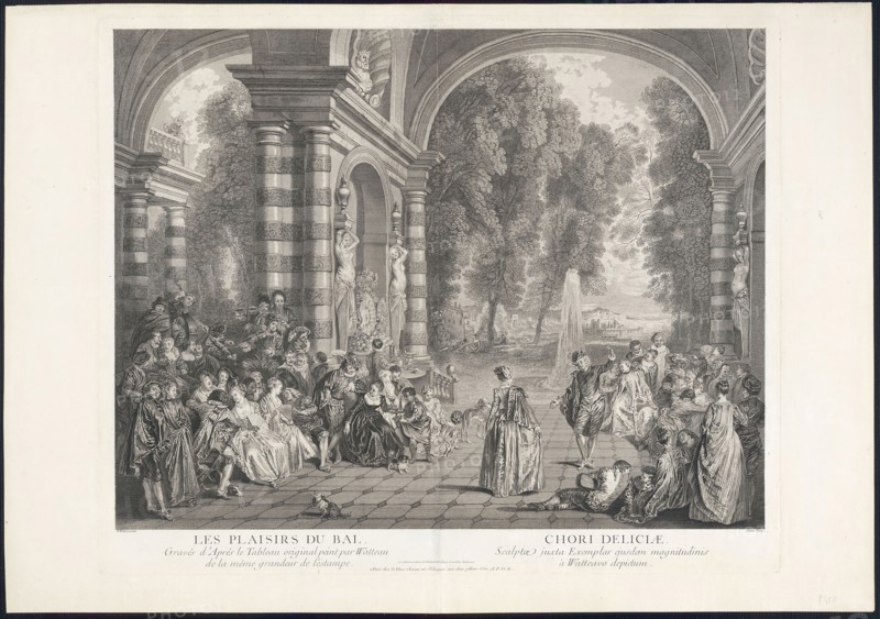 The Pleasures of the Ball, 1730, Jean-Baptiste Gérard Scotin (French, 1698-1745), after Jean Antoine Watteau (French, 1684-1721), France, Etching and engraving on paper, 555 × 680 mm