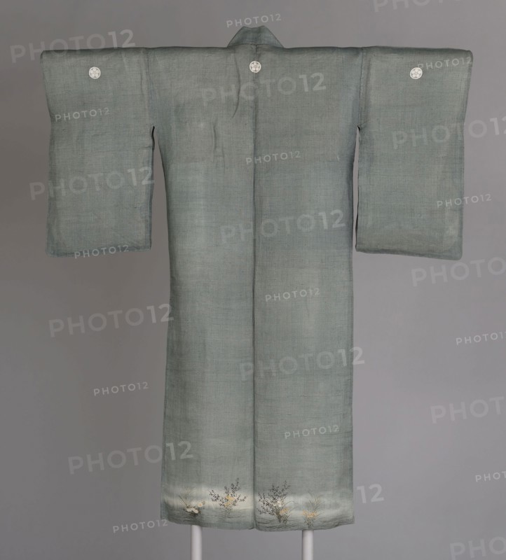 Kuro Tomesode, Meiji period (1868–1912), c. 1885, Japan, Hemp, plain weave, dye extracted using a chemical dye stripper (bassen), painted, lined with cotton, plain weave, 142.8 x 119.4 cm (56 1/4 x 47 in.)