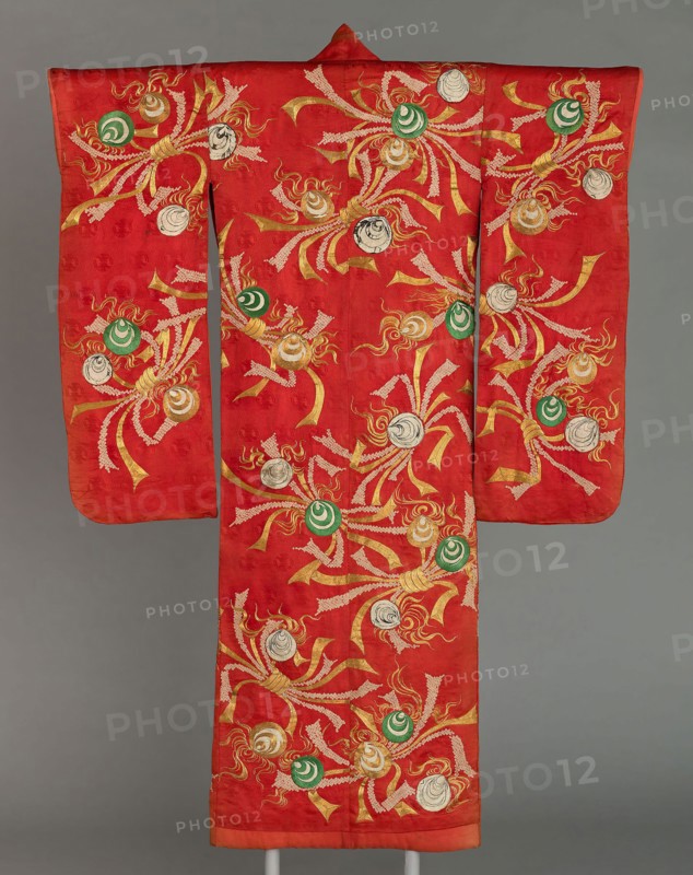 Uchikake, Edo period (1615–1868), 1775/1800, Japan, Silk, 4:1 satin damask weave, resist and tie-dyed, embroidered with silk and gold-leaf-over-lacquered-paper-strip-wrapped cotton in satin stitches, laidwork and couching, lining: silk, plain weave, sleeve edge and fuki padded with silk, 184 x 128.2 cm (72 x 50 1/2 in.)