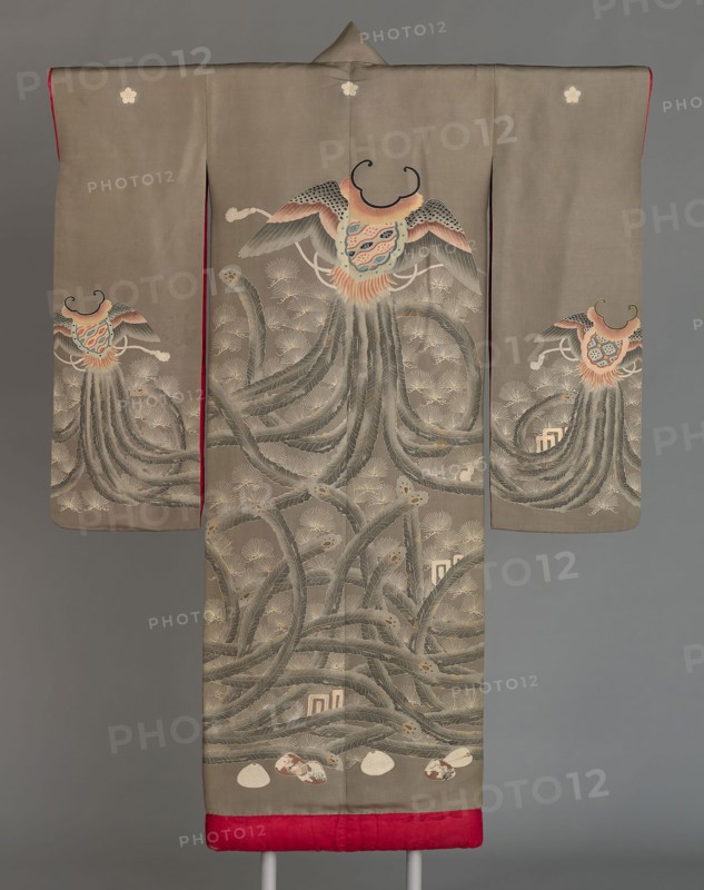 Uchikake, Meiji period (1868–1912), c. 1880, Japan, Silk, predominant-warp, weft-ribbed plain weave, resist dyed and painted with dye and India ink, embroidered with silk, gold-leaf-over-lacquered-paper strips and gold-leaf-over-lacquered-paper-strip-wrapped silk in satin, silk-padded satin and straight stitches, laidwork, couching and Chinese knots, lining: 5:1 twill damask weave, 178.6 x 128.3 cm (70 1/4 x 50 1/2 in.)