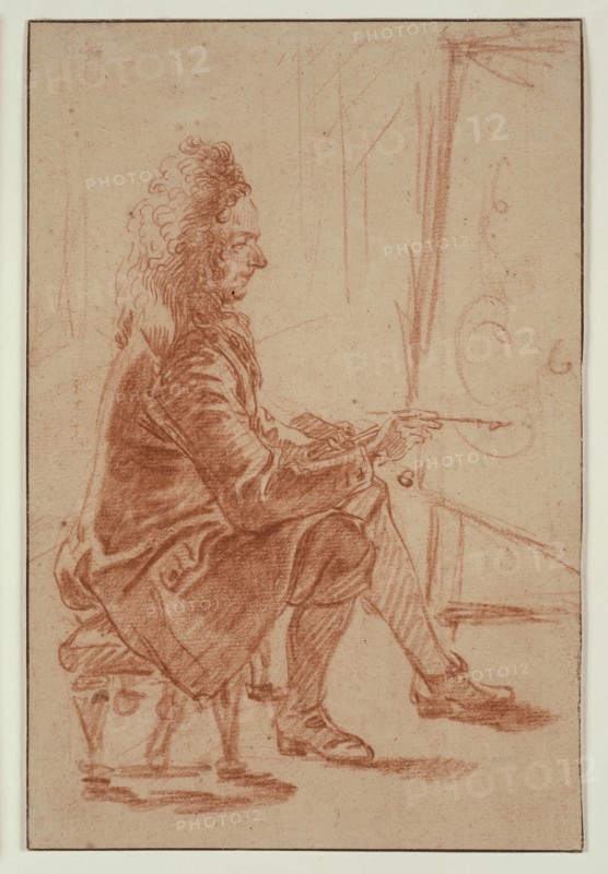 A Bewigged Painter (Possibly Claude Audran), Seated at his Easel, Seen in Profile, c. 1709, Jean Antoine Watteau, French, 1684-1721, France, Red chalk on buff laid paper, laid down on cream laid card, 201 × 134 mm