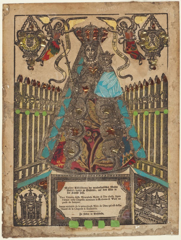The Adoration of the Einsiedeln Madonna, n.d., German or Swiss, 18th century, Germany, Woodcut in black hand colored with elements of fabric, copper alloy metal foil, and block printed distemper colorants on paper, attached to the verso and visible through cutouts, on ivory laid paper (discolored to buff), laid down on blue wove paper (discolored to tan), 354 × 258 mm (image), 387 × 295 mm (sheet)