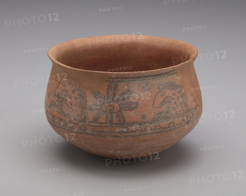 Painted Bowl with Faunal and Floral Design, 5th century, Pakistan, Ancient region of Gandhara, Gandhara, Terracotta with black pigment, 7.9 × 11.9 × 12 cm (3 1/8 × 4 11/16 × 4 3/4 in.)