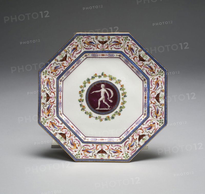 Plate from the Arabesque Service, 1785, Sèvres Porcelain Manufactory, French, founded 1740, Jacques Fontaine (painted by) (French, 1734/35-1807, active 1752-1800), Louis-Francois L’Ecot (gilded by) (French, active 1761-1764 and 1772-1800), France, Soft-paste porcelain, polychrome enamels, and gilding, Diam. 25.7 cm (10 1/8 in.)