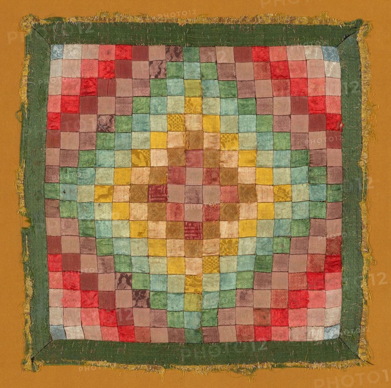 Square, 18th century, late Ming dynasty (1368–1644)/ early Qing dynasty (1644–1912), Bhutan, Bhutan, 289 small squares of silk, 7:1 satin damask weave, 7:1 satin weave, 4:1 satin damask weave, 4:1 satin weave, 4:1 satin weave self-patterned by areas of plain weave, and 3:1 twill weave self-patterned by areas of plain weave and plain weave, pieced, edged with silk and gold-leaf-over-lacquered-paper strips, 4:1 satin weave with supplementary patterning wefts and silk and gold-leaf-over-lacquered-paper strips, 7:3 float weave self-patterned by ground weft floats, 29.6 × 28.3 cm (11 5/8 × 11 1/8 in.)