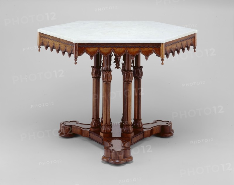 Belmead Center table, c. 1846, Alexander Jackson Davis, American, 1803–1892, Probably made by Alexander Roux, American, born France, c.1813–1886, New York City, Rosewood, oak, walnut, marble, 72.4 × 104.1 × 90.2 cm (28 1/2 × 41 × 35 1/2 in.)