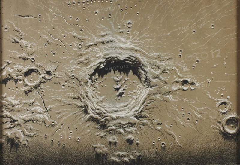 Copernicus, 1867, James Nasmyth, Scottish, 1808-1890, United Kingdom, Black and white chalk, graphite, touches of blue pencil, with scale in pen and brown ink, on gray wove paper with blue fibers, squared in graphite, 330 x 482 mm