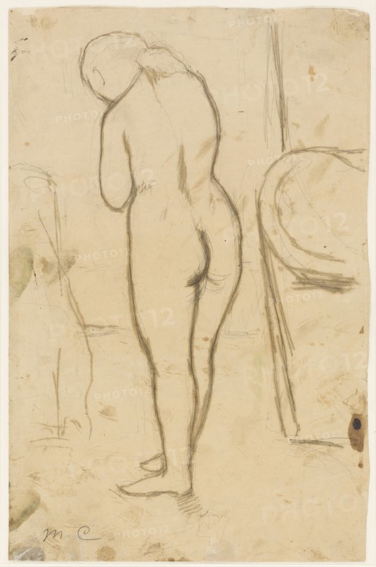Drawing for Standing Nude, c. 1879, Mary Cassatt, American, 1844-1926, United States, Graphite on buff wove paper, traced over for soft-ground etching with offset of soft-ground on verso, showing through, 282 x 183 mm