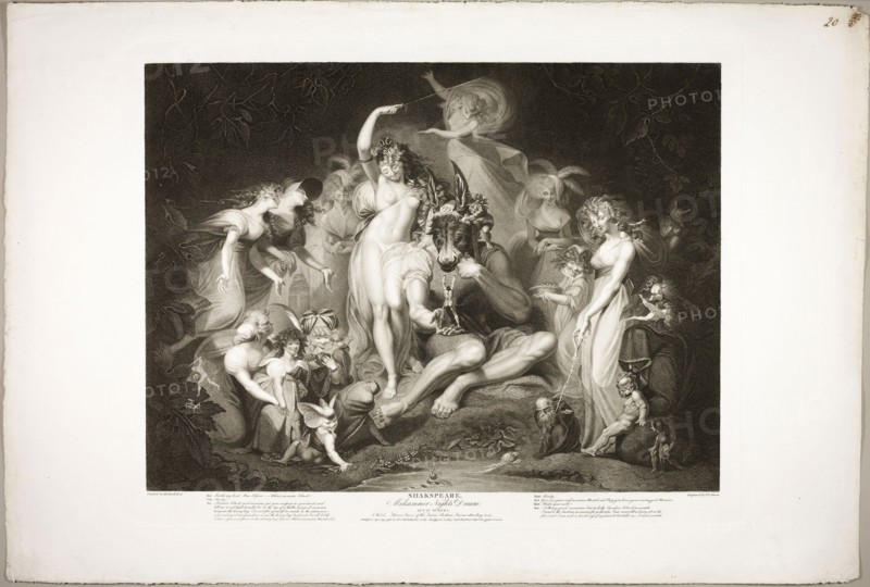 Titania and Bottom with the Ass’s Head, 1796, Jean Pierre Simon (British, born before 1750-c. 1810), after Henry Fuseli (Swiss, active in England, 1741-1825), published by John Boydell (English, 1719-1804), authored by William Shakespeare (English, 1564-1616), England, Engraving on ivory wove paper, 497 × 631 mm (plate), 593 × 891 mm (sheet)
