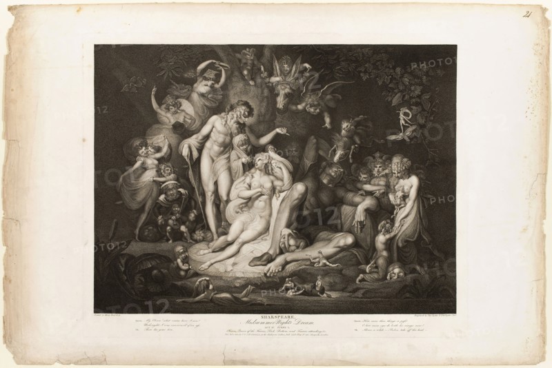 Titania’s Awakening, 1803, Thomas Ryder I (English, 1746-1810), after Henry Fuseli (Swiss, active in England, 1741-1825), published by John Boydell (English, 1719-1804), authored by William Shakespeare (English, 1564-1616), England, Engraving on ivory wove paper, 495 × 630 mm (plate), 597 × 880 mm (sheet)