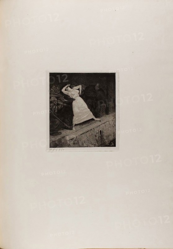 Into the Gutter!, plate ten from A Life, 1884, Max Klinger (German, 1857-1920), printed by Otto Felsing (German, 19th century), Germany, Etching and aquatint, with stipple on ivory China paper, laid down on cream laid paper, 235 x 210 mm (image), 259 x 237 mm (plate, approx.), 250 x 229-230 mm (primary support), 788 x 575 mm (secondary support, approx.)